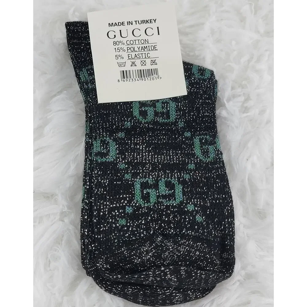 Gucci Crew Socks Unisex GG Logo Metallic 100% Authentic Black Green Luxury New